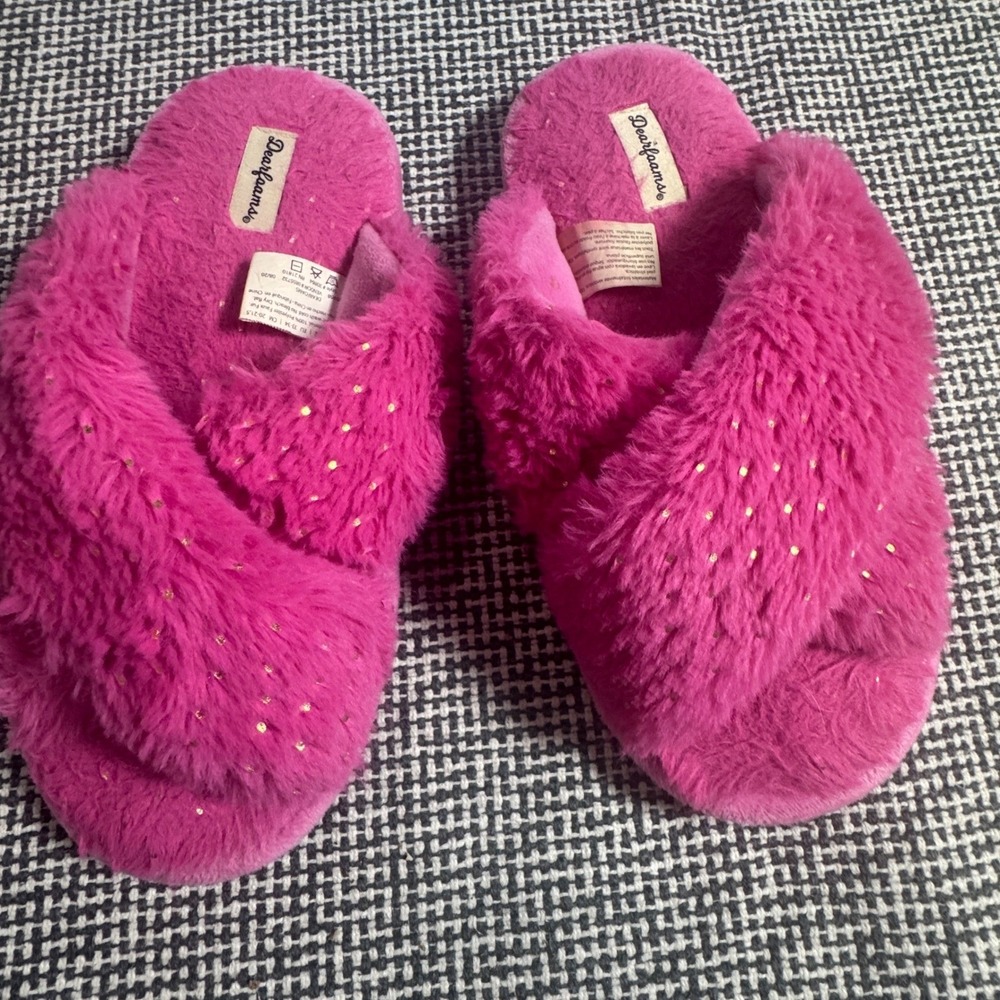 Dearfoams Girls Pink Faux Fur Cross Band Slippers Gold Foil Dots Size 2-3 US